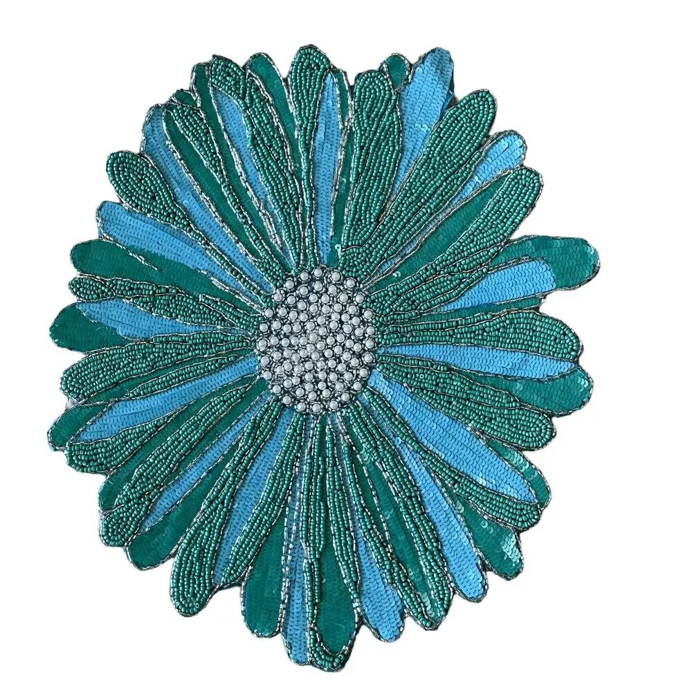 TAHARI HOME Glass Hand Beaded Charger Placemat 15in Blue Green Silver Floral NEW